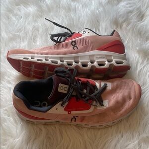 On Running Coral and Crimson Athletic Shoes